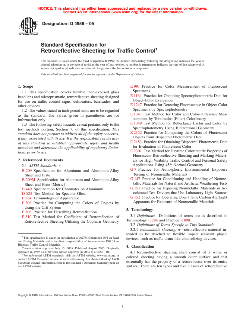 ASTM D4956-05 - Standard Specification for Retroreflective Sheeting for Traffic Control