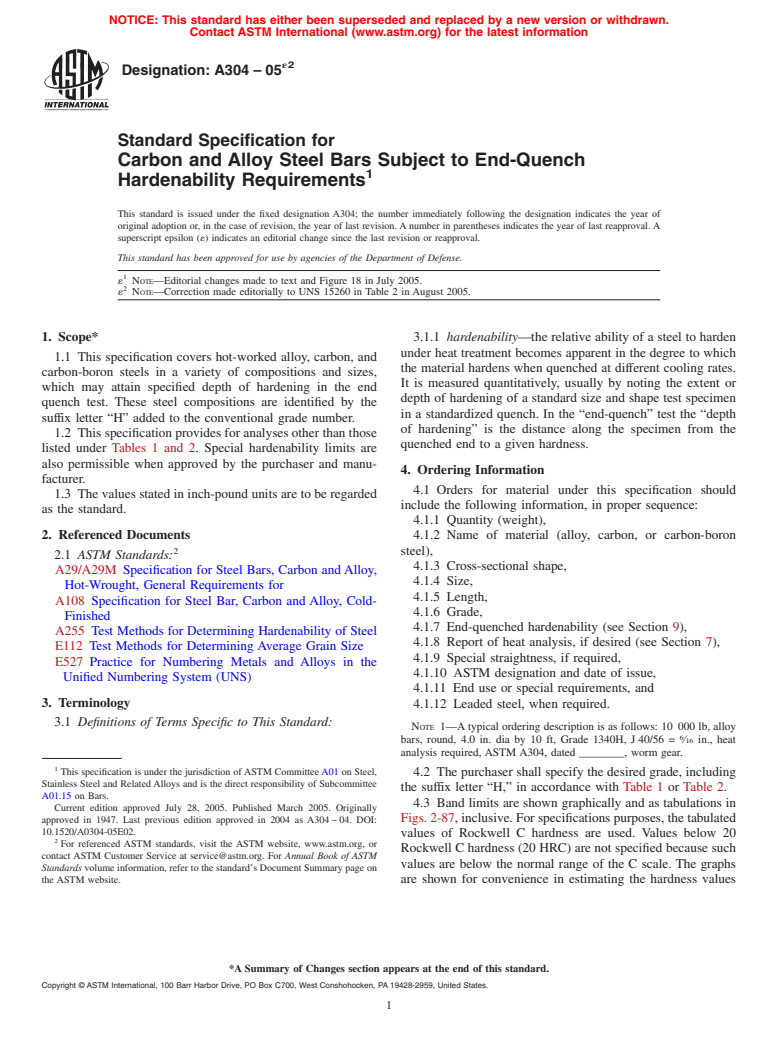 ASTM A304-05e2 - Standard Specification for Carbon and Alloy Steel Bars Subject to End-Quench Hardenability Requirements