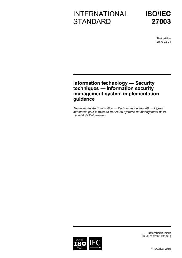 ISO/IEC 27003:2010 - Information technology -- Security techniques -- Information security management system implementation guidance
