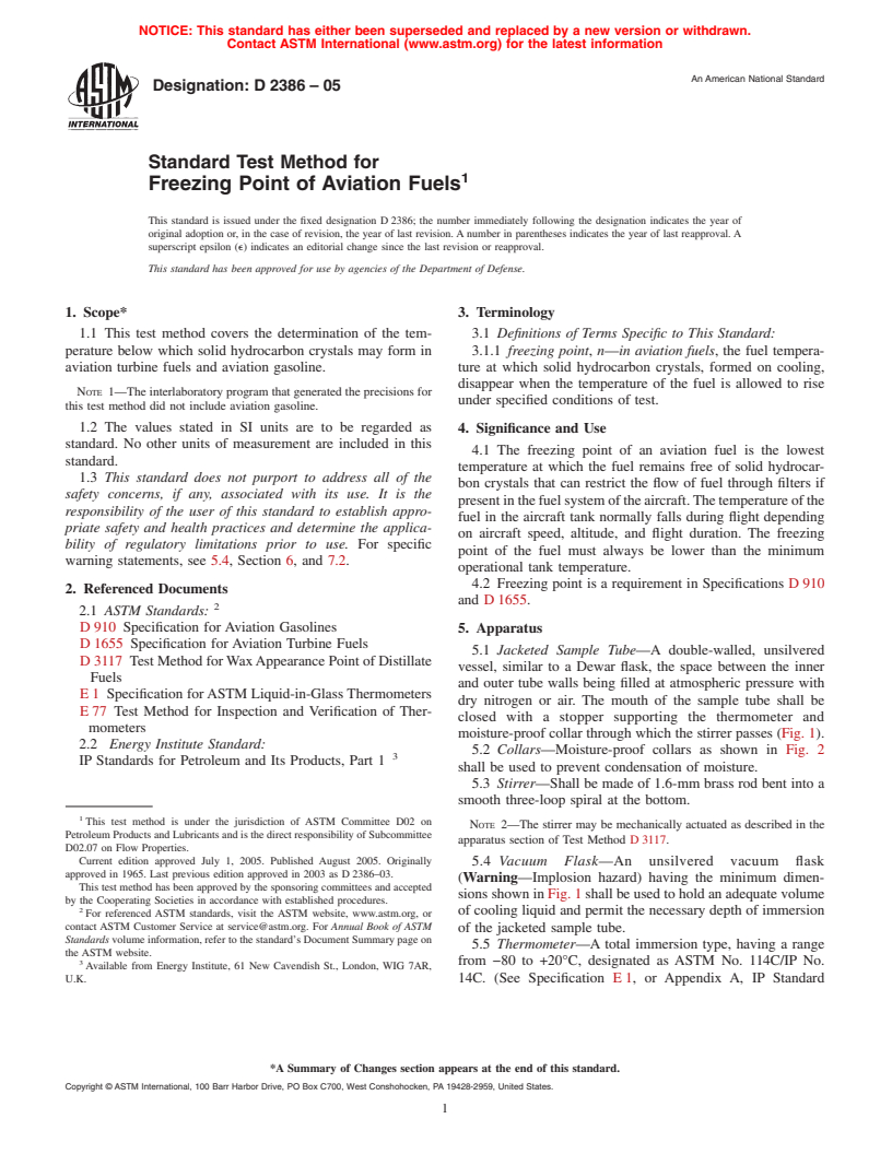 ASTM D2386-05 - Standard Test Method for Freezing Point of Aviation Fuels