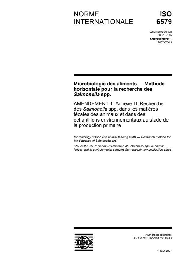 ISO 6579:2002/Amd 1:2007 - Annexe D: Recherche des Salmonella spp. dans les matieres fécales des animaux et dans des échantillons environnementaux au stade de la production primaire