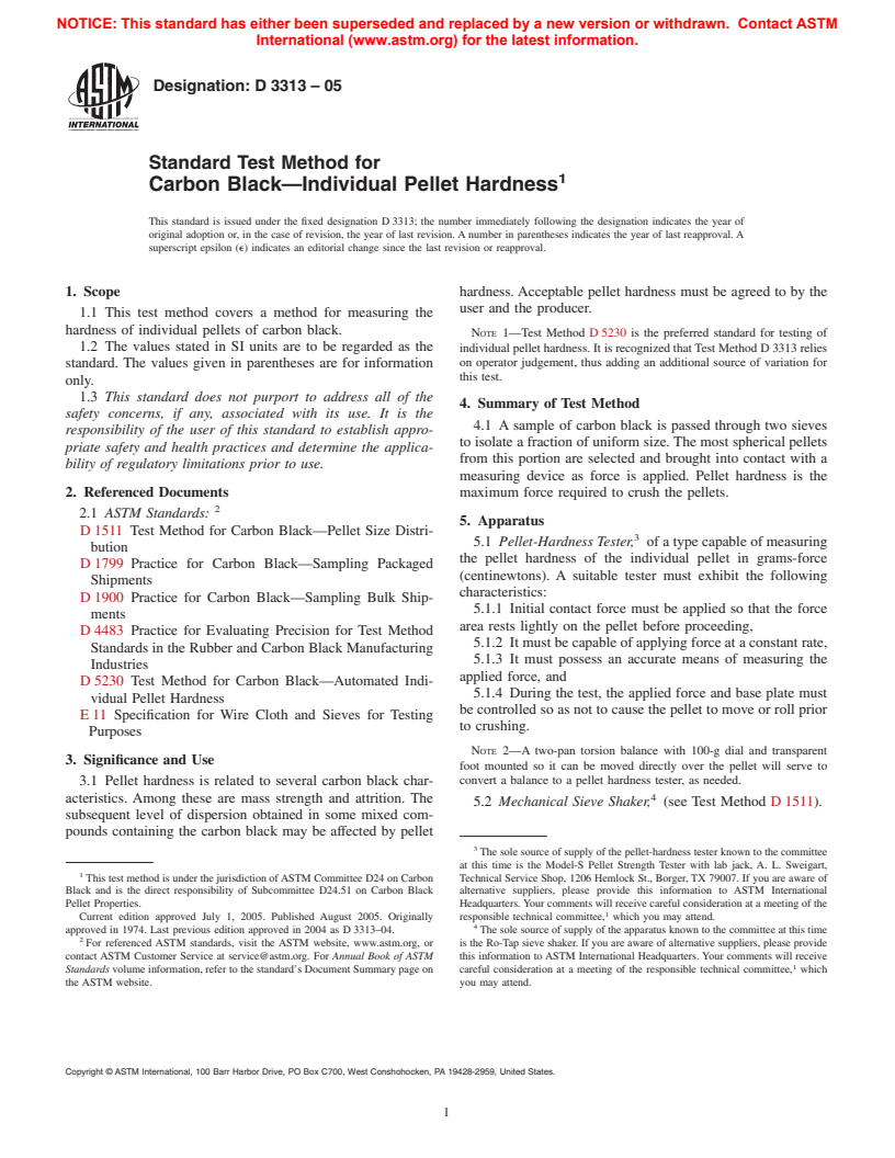 ASTM D3313-05 - Standard Test Method for Carbon Black&#8212;Individual Pellet Hardness