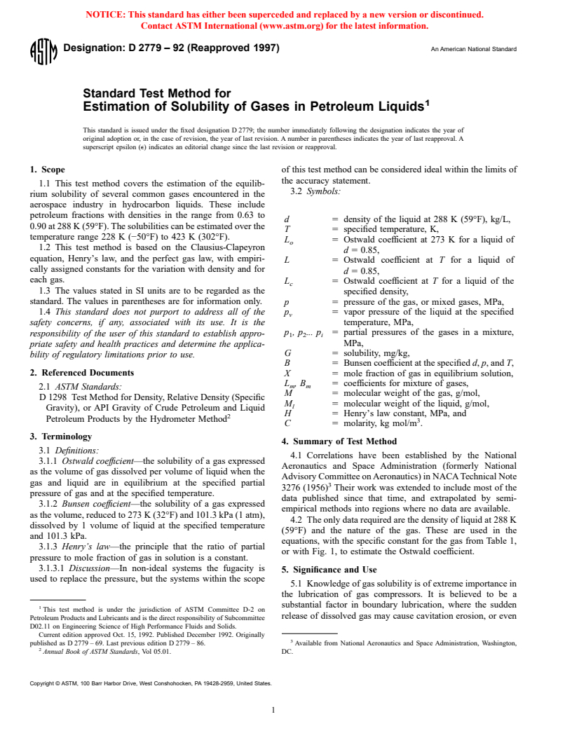 ASTM D2779-92(1997) - Standard Test Method for Estimation of Solubility of Gases in Petroleum Liquids