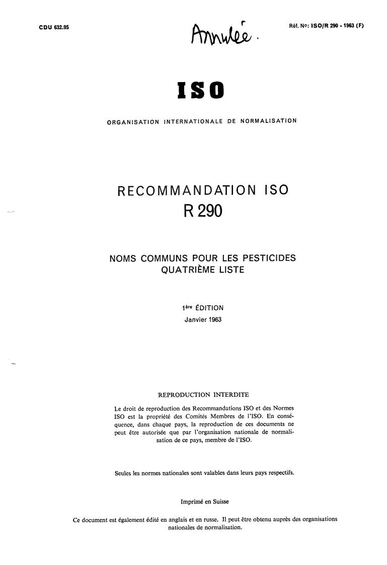 ISO/R 290:1963 - Withdrawal of ISO/R 290-1963
Released:12/1/1963