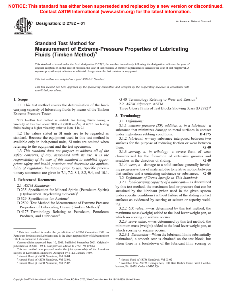 ASTM D2782-01 - Standard Test Method for Measurement of Extreme-Pressure Properties of Lubricating Fluids (Timken Method)