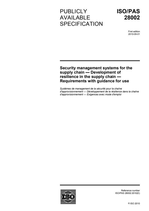 ISO/PAS 28002:2010 - Security management systems for the supply chain - Development of resilience in the supply chain - Requirements with guidance for use
