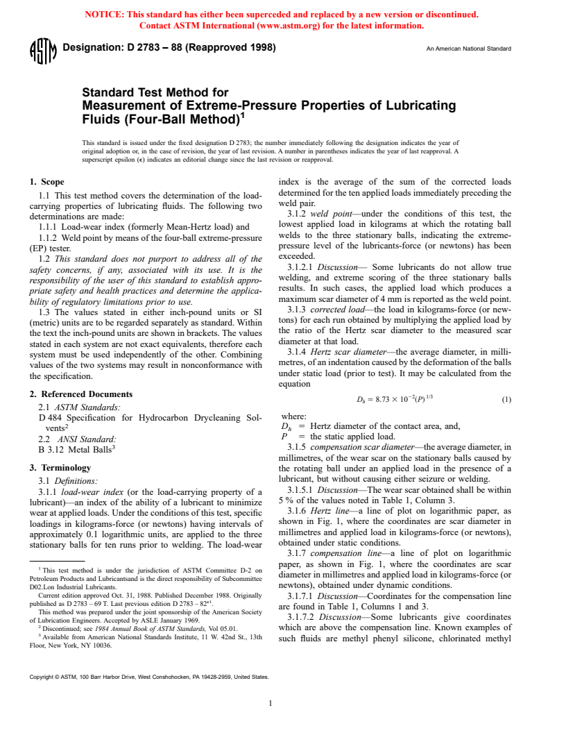 ASTM D2783-88(1998) - Standard Test Method for Measurement of Extreme-Pressure Properties of Lubricating Fluids (Four-Ball Method)