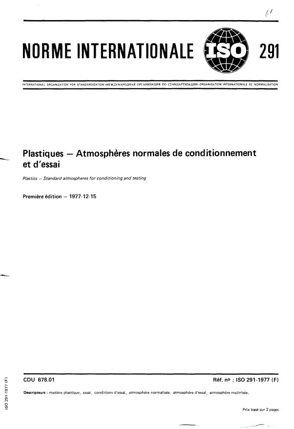 ISO 291:1977 - Plastics -- Standard atmospheres for conditioning and testing