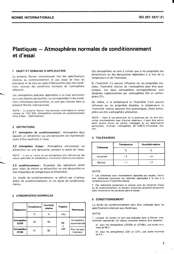 ISO 291:1977 - Plastics -- Standard atmospheres for conditioning and testing
