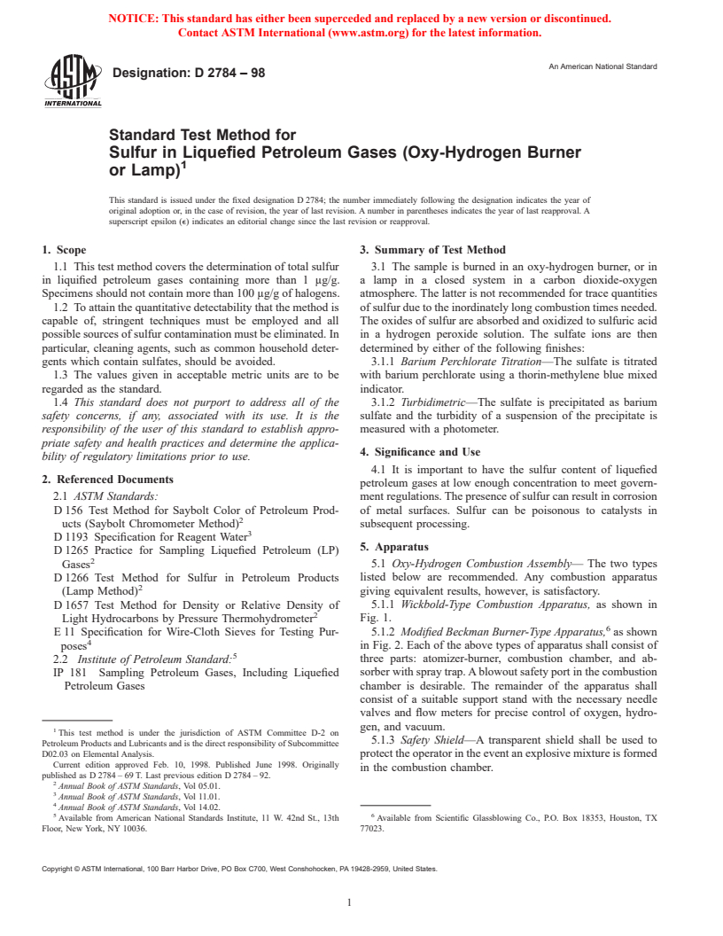 ASTM D2784-98 - Standard Test Method for Sulfur in Liquefied Petroleum Gases (Oxy-Hydrogen Burner or Lamp)