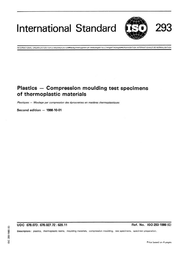 ISO 293:1986 - Plastics -- Compression moulding test specimens of thermoplastic materials