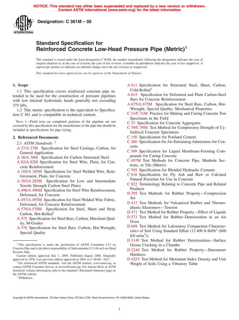 ASTM C361M-05 - Standard Specification for Reinforced Concrete Low-Head Pressure Pipe (Metric)