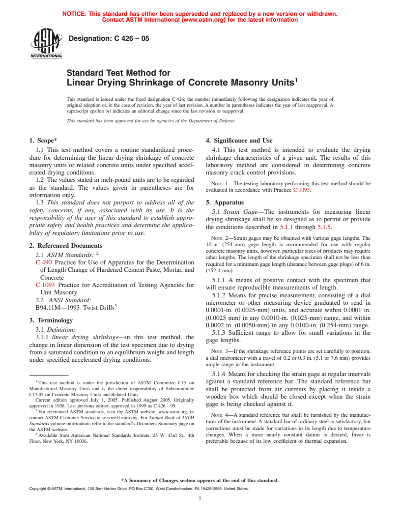 ASTM C426-05 - Standard Test Method for Linear Drying Shrinkage of Concrete Masonry Units