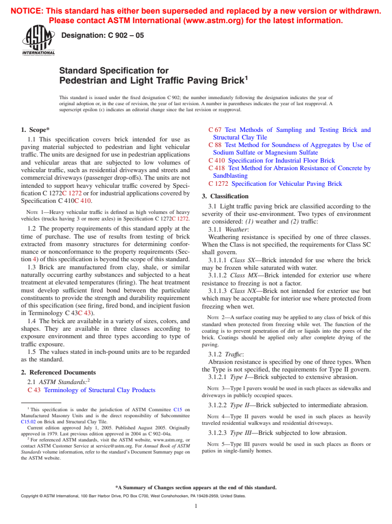 ASTM C902-05 - Standard Specification for Pedestrian and Light Traffic Paving Brick