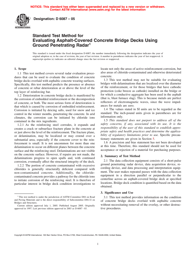 ASTM D6087-05 - Standard Test Method for Evaluating Asphalt-Covered Concrete Bridge Decks Using Ground Penetrating Radar