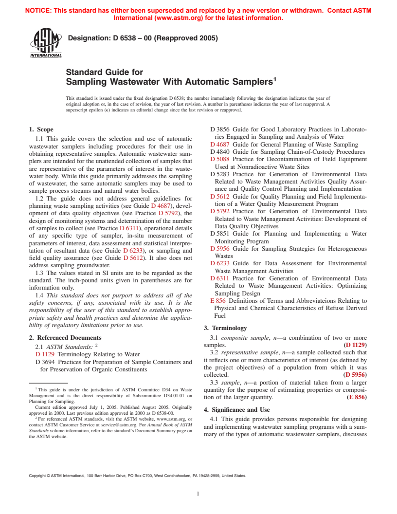 ASTM D6538-00(2005) - Standard Guide for Sampling Wastewater With Automatic Samplers