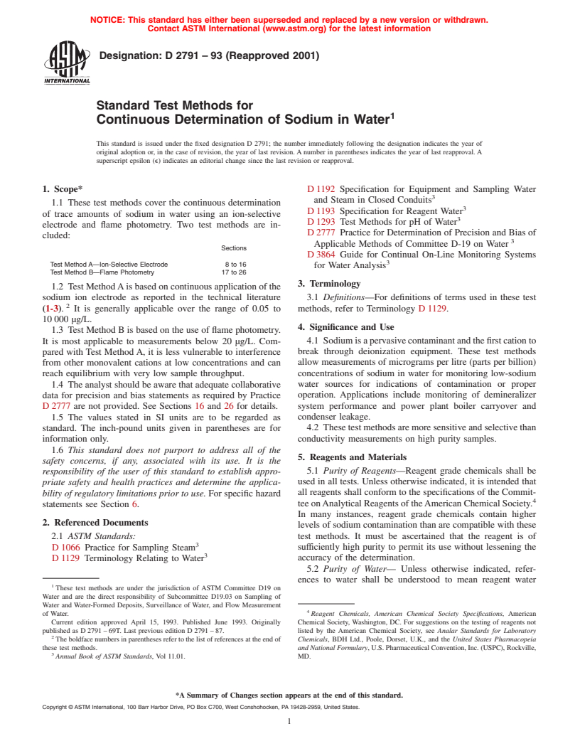 ASTM D2791-93(2001) - Standard Test Methods for Continuous Determination of Sodium in Water