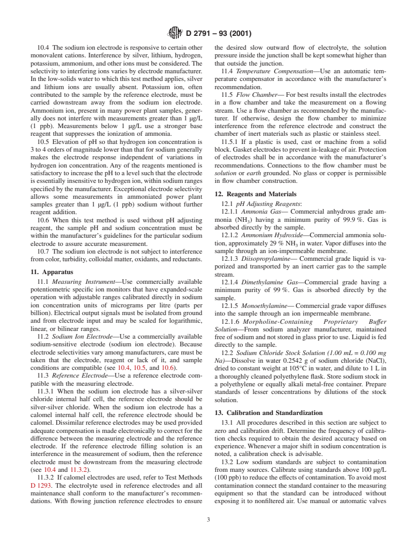 ASTM D2791-93(2001) - Standard Test Methods for Continuous Determination of Sodium in Water