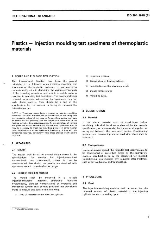 ISO 294:1975 - Plastics -- Injection moulding test specimens of thermoplastic materials