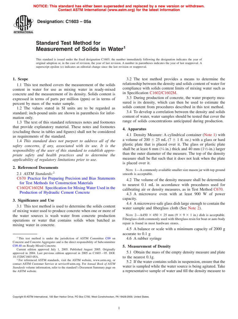 ASTM C1603-05a - Standard Test Method for Measurement of Solids in Water