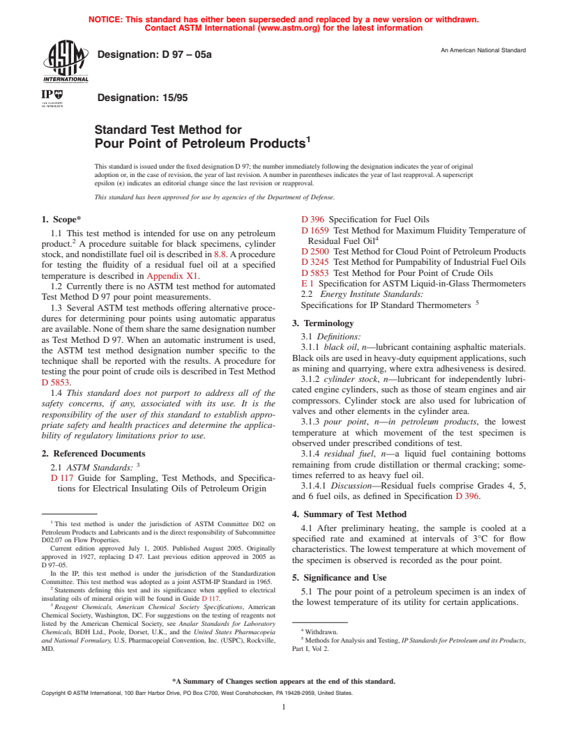 ASTM D97-05a - Standard Test Method for Pour Point of Petroleum Products