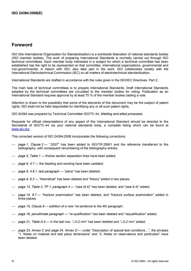 ISO 24394:2008 ISO 24394:2008 - Welding for aerospace applications -- Qualification test for welders and welding operators -- Fusion welding of metallic components - Page 4 preview