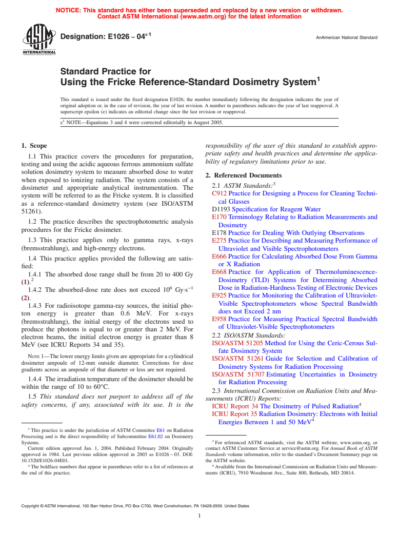 ASTM E1026-04e1 - Standard Practice for Using the Fricke Reference-Standard Dosimetry System