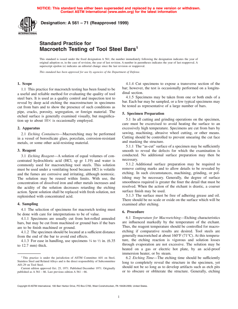 ASTM A561-71(1999) - Standard Recommended Practice for Macrotech Testing of Tool Steel Bars