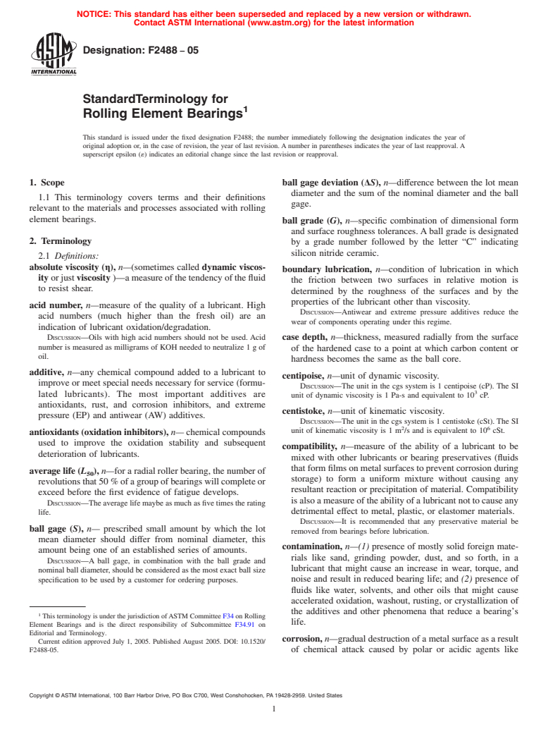 ASTM F2488-05 - Standard Terminology for Rolling Element Bearings