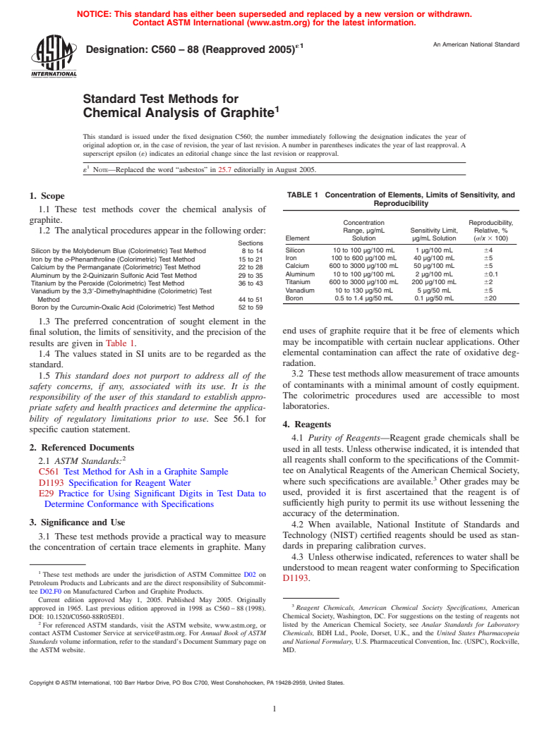 ASTM C560-88(2005)e1 - Standard Test Methods for Chemical Analysis of Graphite