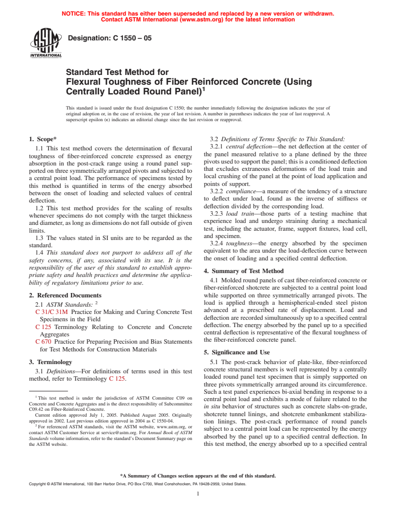 ASTM C1550-05 - Standard Test Method for Flexural Toughness of Fiber Reinforced Concrete (Using Centrally Loaded Round Panel)