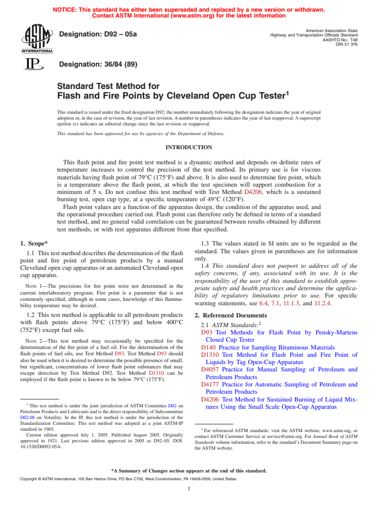 ASTM D92-05a - Standard Test Method for Flash and Fire Points by Cleveland Open Cup Tester