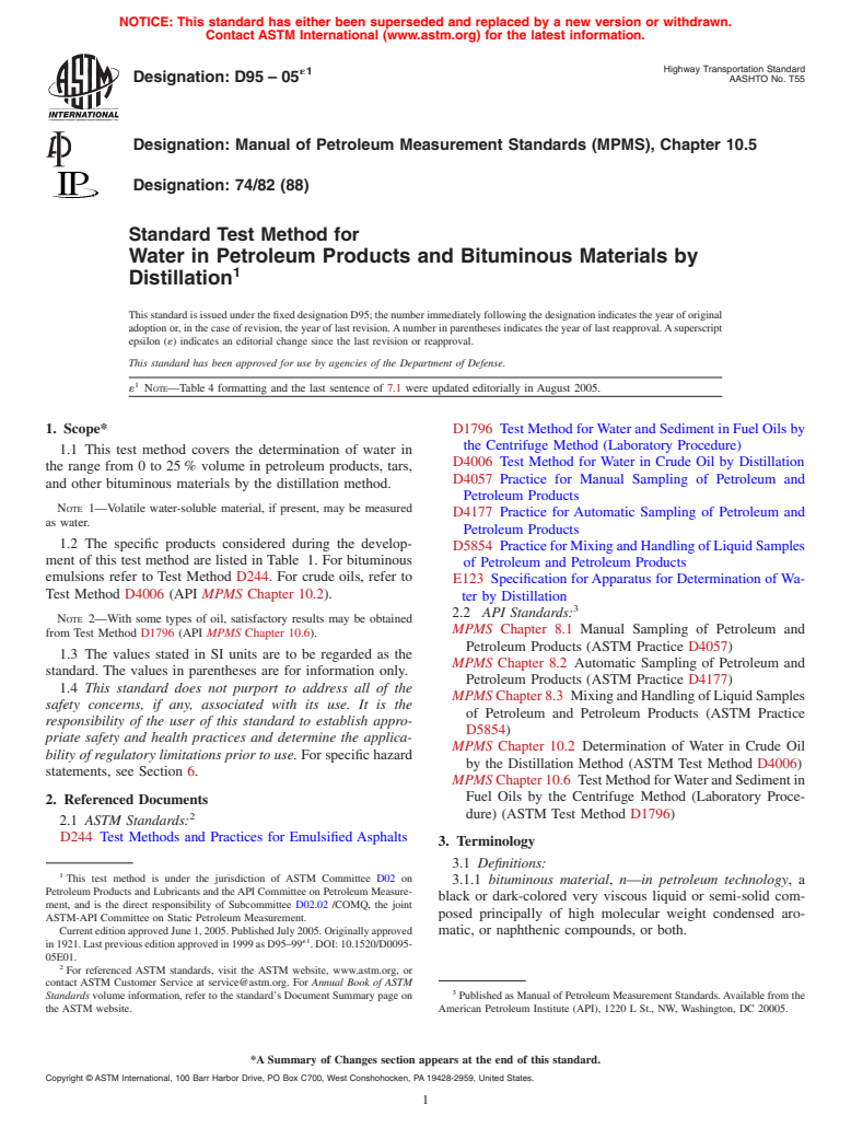 ASTM D95-05e1 - Standard Test Method for Water in Petroleum Products and Bituminous Materials by Distillation
