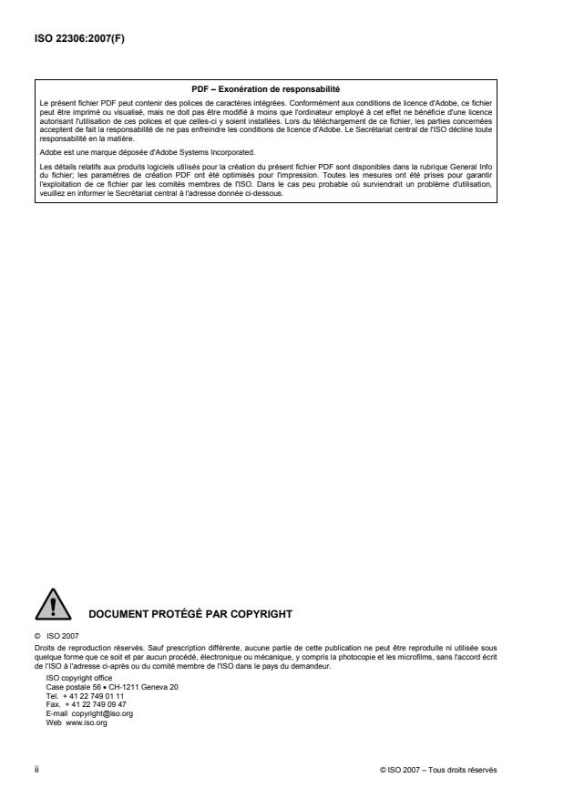 ISO 22306:2007 ISO 22306:2007 - Tuyaux, joints et accessoires en ciment renforcé de fibres pour réseaux gravitaires - Page 2 preview