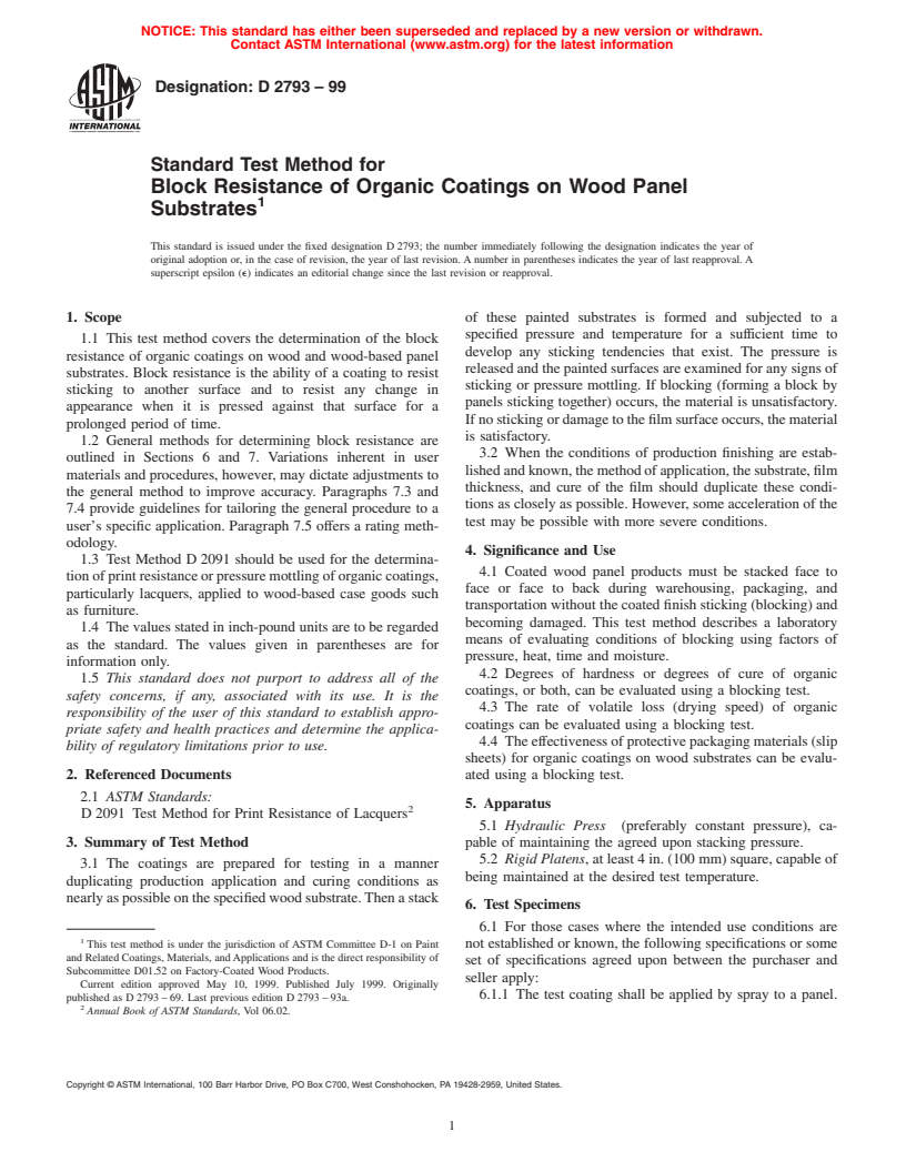 ASTM D2793-99 - Standard Test Method for Block Resistance of Organic Coatings on Wood Panel Substrates