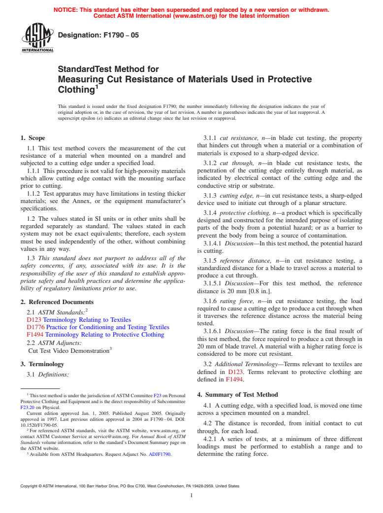 ASTM F1790-05 - Standard Test Method for Measuring Cut Resistance of Materials Used in Protective Clothing