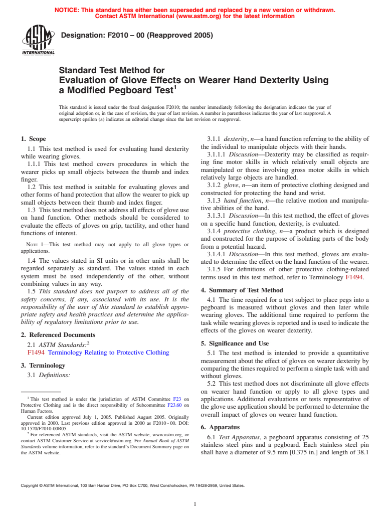 ASTM F2010-00(2005) - Standard Test Method for Evaluation of Glove Effects on Wearer Hand Dexterity Using a Modified Pegboard Test