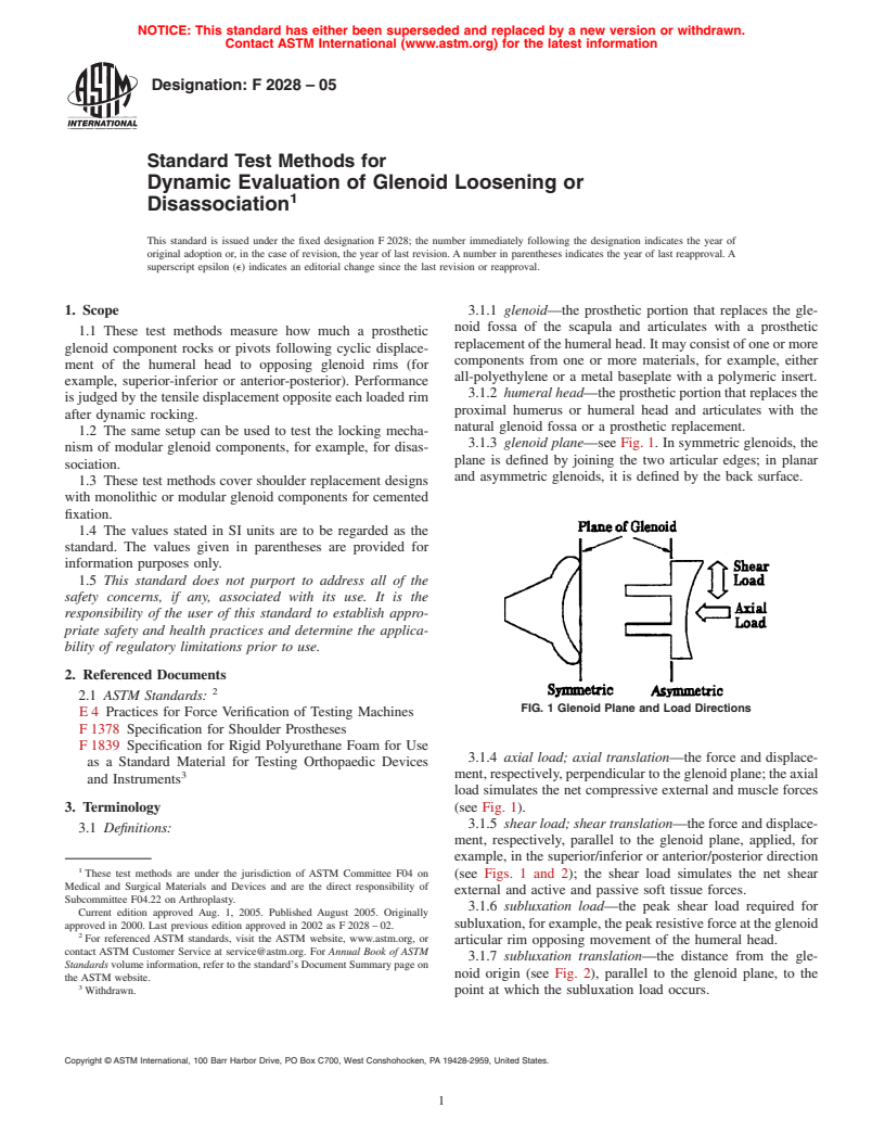 ASTM F2028-05 - Standard Test Methods for Dynamic Evaluation of Glenoid Loosening or Disassociation