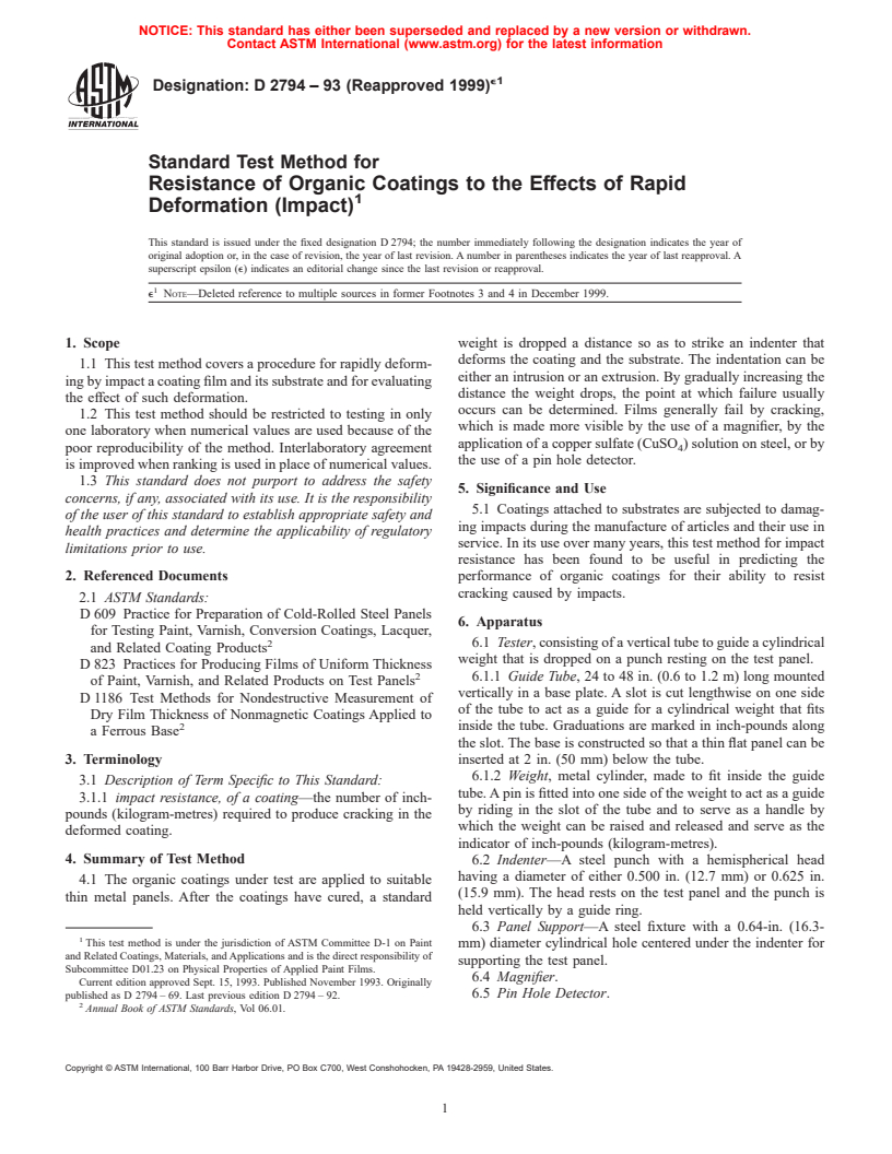 ASTM D2794-93(1999)e1 - Standard Test Method for Resistance of Organic Coatings to the Effects of Rapid Deformation (Impact)