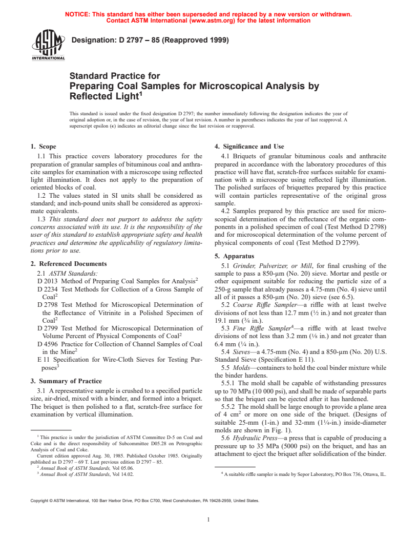 ASTM D2797-85(1999) - Standard Practice for Preparing Coal Samples for Microscopical Analysis by Reflected Light