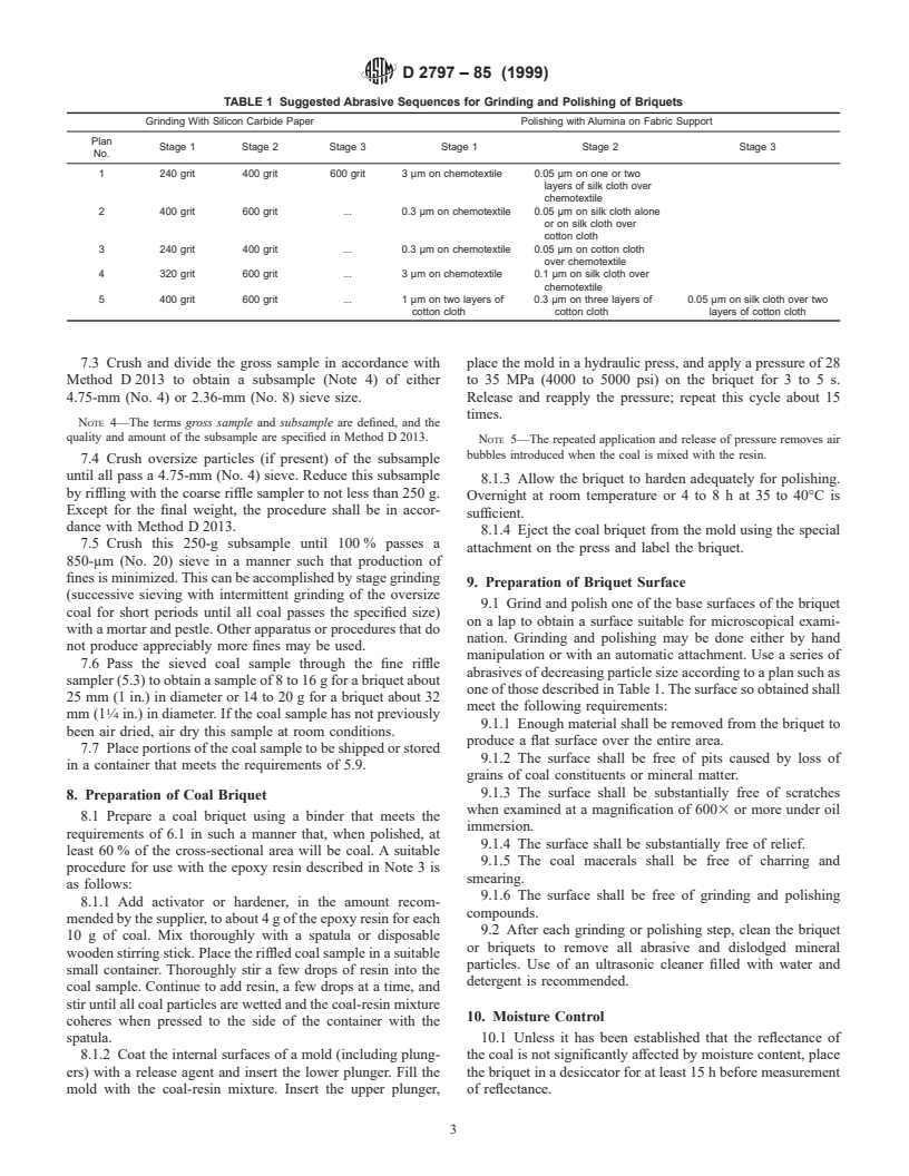 ASTM D2797-85(1999) - Standard Practice for Preparing Coal Samples for Microscopical Analysis by Reflected Light