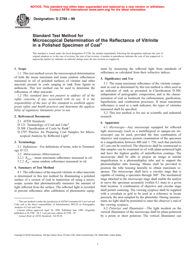 ASTM D2798-99 - Standard Test Method for Microscopical Determination of the Reflectance of Vitrinite in a Polished Specimen of Coal