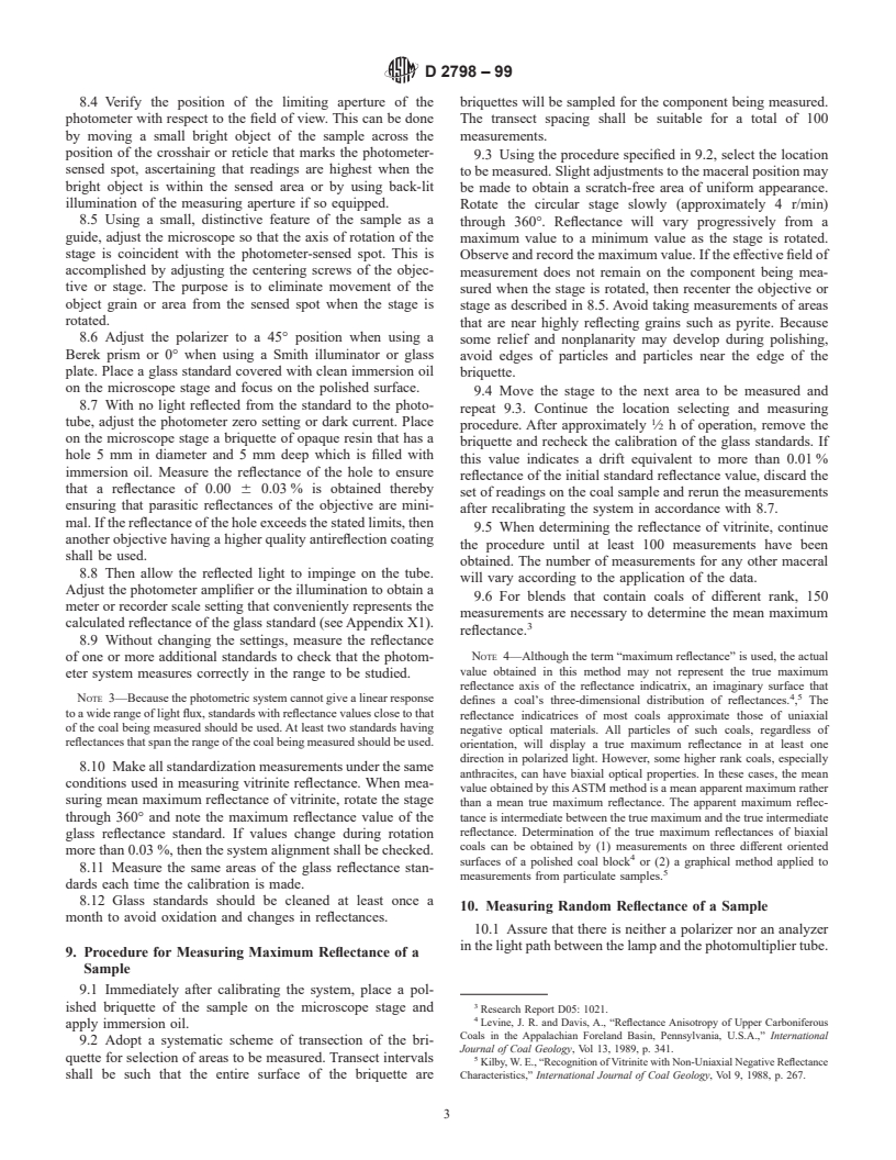 ASTM D2798-99 - Standard Test Method for Microscopical Determination of the Reflectance of Vitrinite in a Polished Specimen of Coal