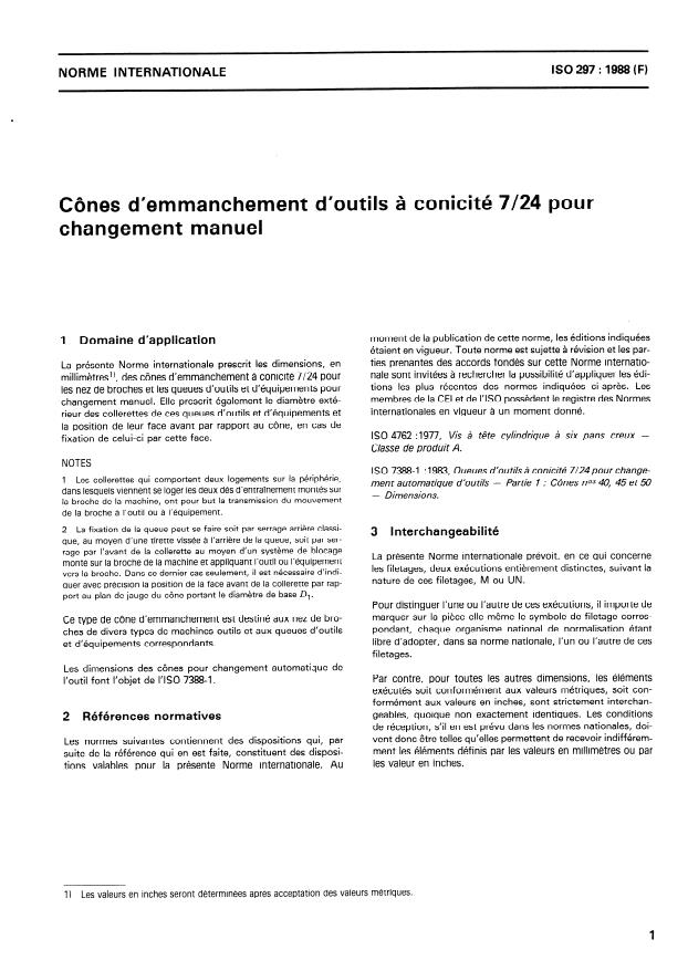 ISO 297:1988 - Cônes d'emmanchement d'outils a conicité 7/24 pour changement manuel