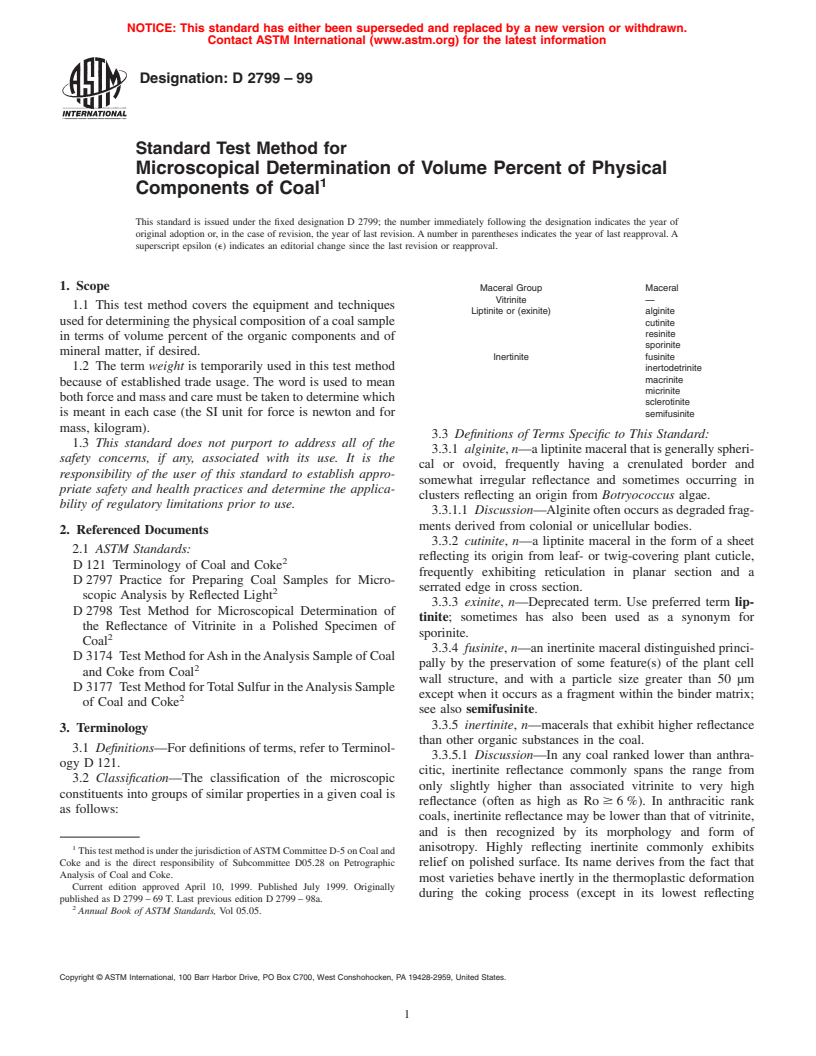 ASTM D2799-99 - Standard Test Method for Microscopical Determination of Volume Percent of Physical Components of Coal