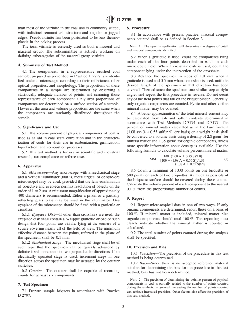 ASTM D2799-99 - Standard Test Method for Microscopical Determination of Volume Percent of Physical Components of Coal