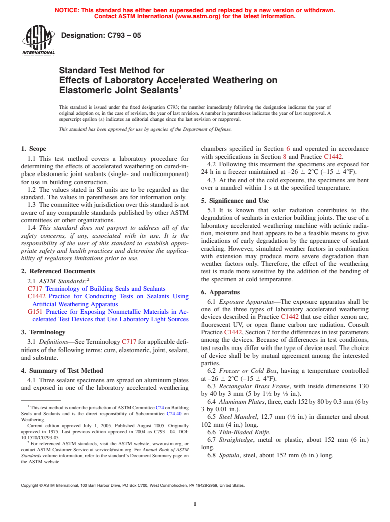 ASTM C793-05 - Standard Test Method for Effects of Laboratory Accelerated Weathering on Elastomeric Joint Sealants