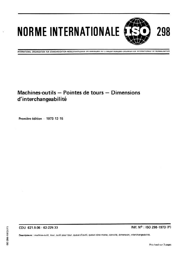 ISO 298:1973 - Machines-outils -- Pointes de tours -- Dimensions d'interchangeabilité