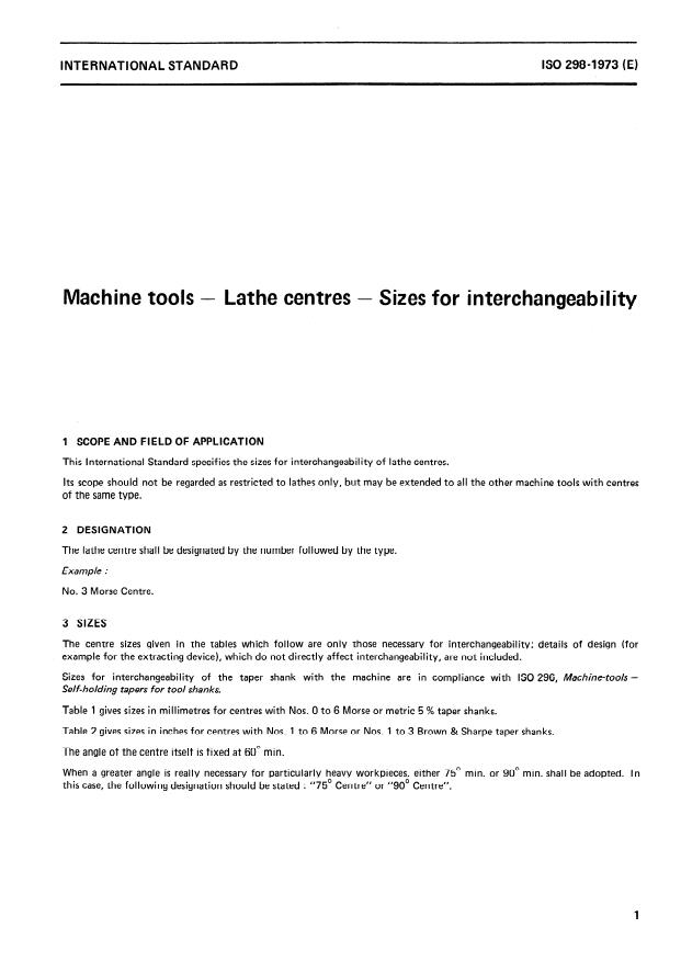 ISO 298:1973 - Machine tools -- Lathe centres -- Sizes for interchangeability
