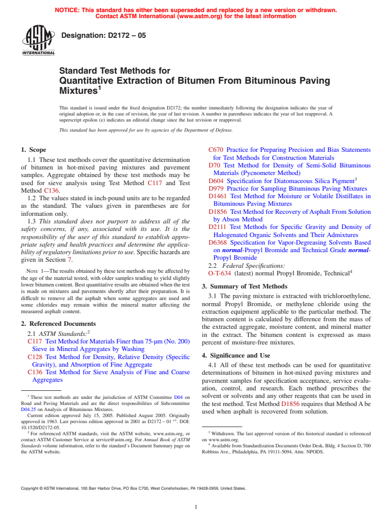 ASTM D2172-05 - Standard Test Methods for Quantitative Extraction of Bitumen From Bituminous Paving Mixtures